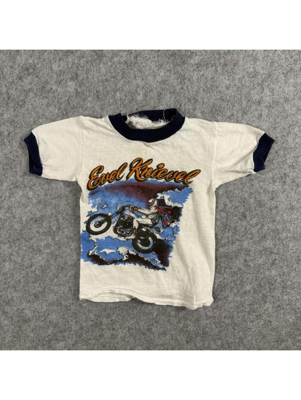 Evel Knievel Ringer T-Shirt White Navy Blue Motorcycle Graphic 9-12